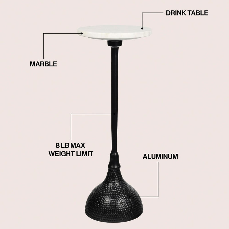 Ava 23.75" Art Deco Contemporary Metal Pedestal Drink Table and Decorative End Table with White Marble Round Top and Hammered Base