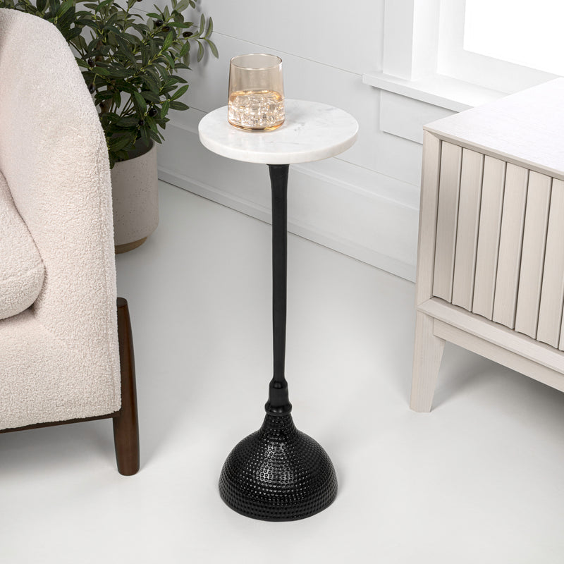Ava 23.75" Art Deco Contemporary Metal Pedestal Drink Table and Decorative End Table with White Marble Round Top and Hammered Base
