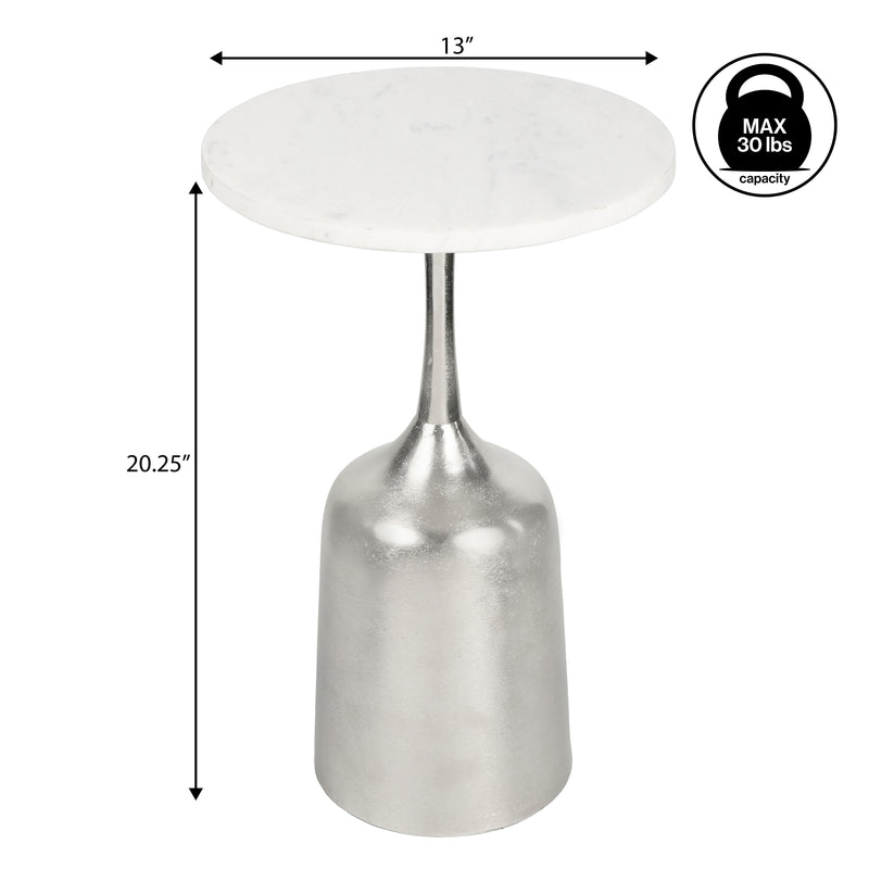 Pip 20.25" Classic Designer Metal Drink Table and Decorative End Table with White Marble Round Top and Bell Pedestal Base