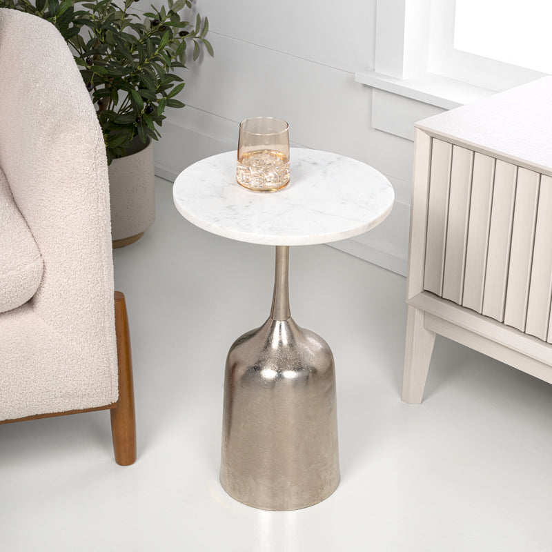 Pip 20.25" Classic Designer Metal Drink Table and Decorative End Table with White Marble Round Top and Bell Pedestal Base