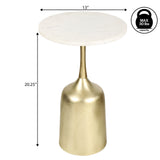 Pip 20.25" Classic Designer Metal Drink Table and Decorative End Table with White Marble Round Top and Bell Pedestal Base