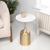 Pip 20.25" Classic Designer Metal Drink Table and Decorative End Table with White Marble Round Top and Bell Pedestal Base
