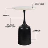 Pip 20.25" Classic Designer Metal Drink Table and Decorative End Table with White Marble Round Top and Bell Pedestal Base
