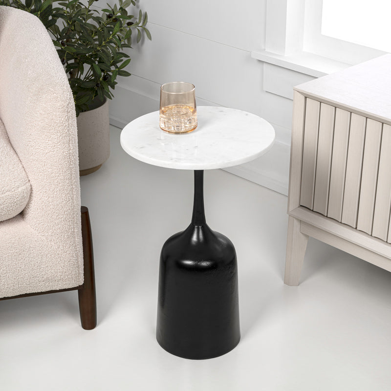 Pip 20.25" Classic Designer Metal Drink Table and Decorative End Table with White Marble Round Top and Bell Pedestal Base
