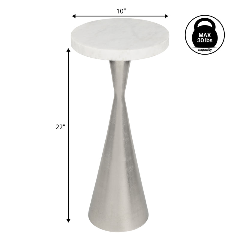 Ziggy 22" Contemporary Designer Metal Drink Table and Decorative End Table with White Marble Round Top and Cone Pedestal Base
