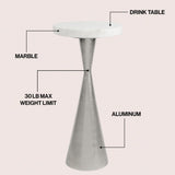 Ziggy 22" Contemporary Designer Metal Drink Table and Decorative End Table with White Marble Round Top and Cone Pedestal Base