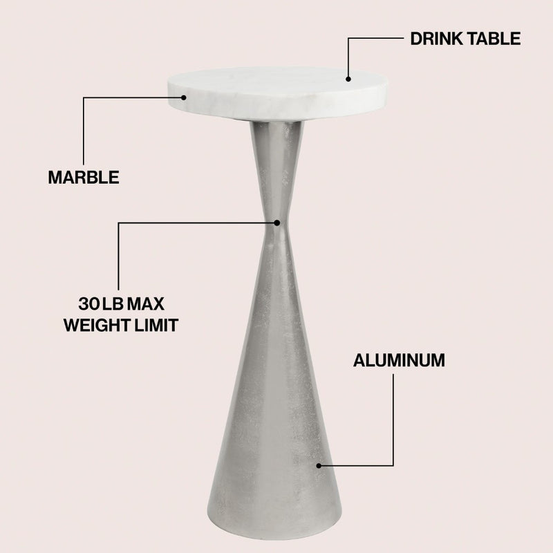 Ziggy 22" Contemporary Designer Metal Drink Table and Decorative End Table with White Marble Round Top and Cone Pedestal Base