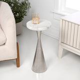 Ziggy 22" Contemporary Designer Metal Drink Table and Decorative End Table with White Marble Round Top and Cone Pedestal Base