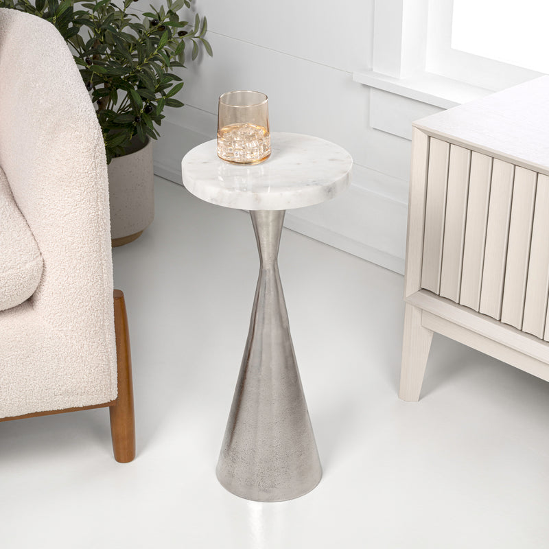 Ziggy 22" Contemporary Designer Metal Drink Table and Decorative End Table with White Marble Round Top and Cone Pedestal Base