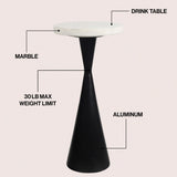 Ziggy 22" Contemporary Designer Metal Drink Table and Decorative End Table with White Marble Round Top and Cone Pedestal Base