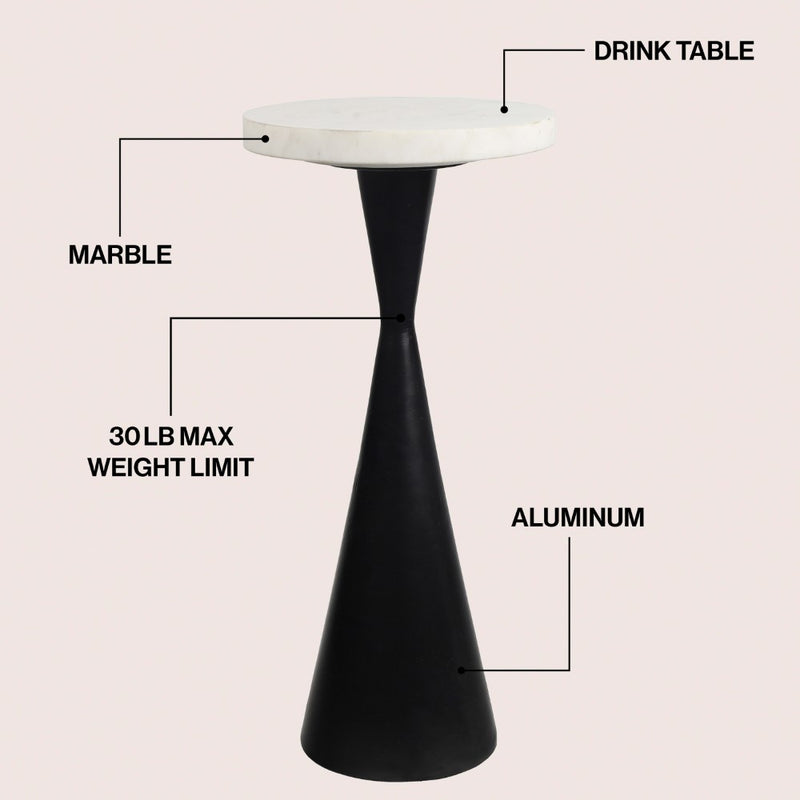 Ziggy 22" Contemporary Designer Metal Drink Table and Decorative End Table with White Marble Round Top and Cone Pedestal Base