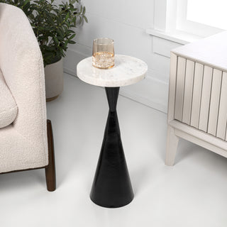 Ziggy 22" Contemporary Designer Metal Drink Table and Decorative End Table with White Marble Round Top and Cone Pedestal Base