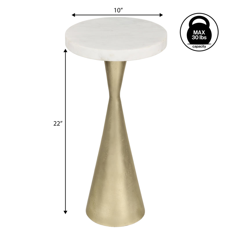 Ziggy 22" Contemporary Designer Metal Drink Table and Decorative End Table with White Marble Round Top and Cone Pedestal Base