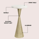 Ziggy 22" Contemporary Designer Metal Drink Table and Decorative End Table with White Marble Round Top and Cone Pedestal Base