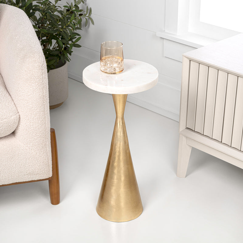 Ziggy 22" Contemporary Designer Metal Drink Table and Decorative End Table with White Marble Round Top and Cone Pedestal Base