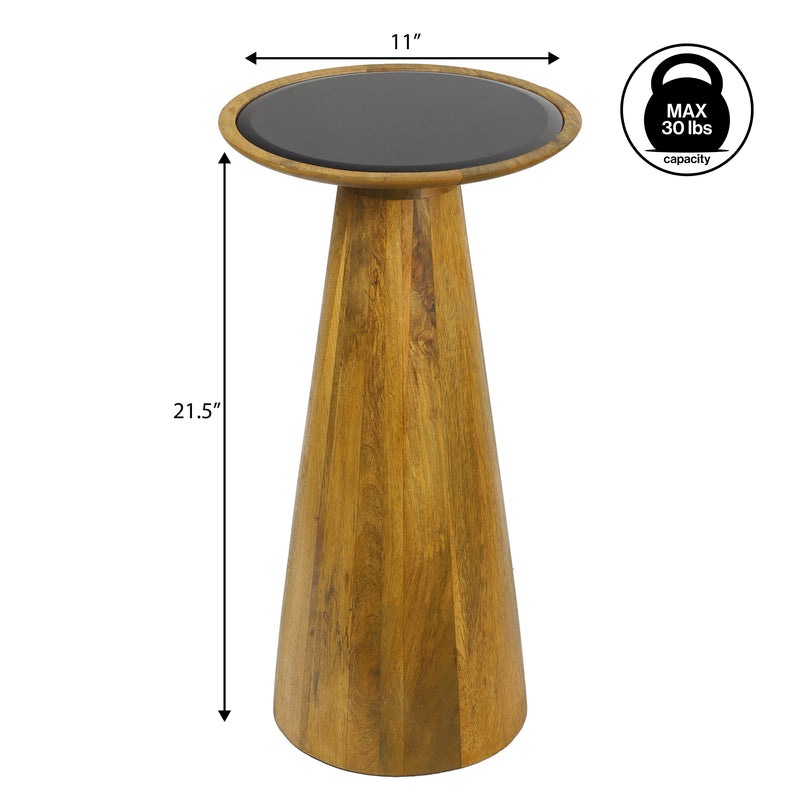 Linden 21.5" Farmhouse Industrial Mango Wood Drink Table and Decorative End Table with Round Black Glass Top and Cone Pedestal Base
