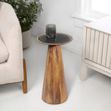 Linden 21.5" Farmhouse Industrial Mango Wood Drink Table and Decorative End Table with Round Black Glass Top and Cone Pedestal Base