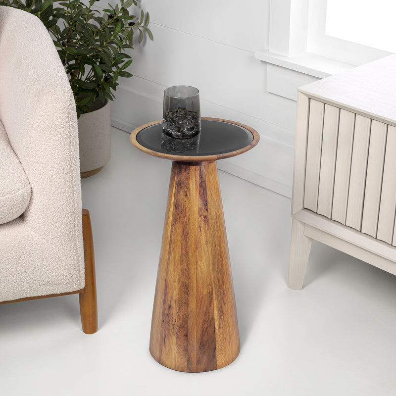 Linden 21.5" Farmhouse Industrial Mango Wood Drink Table and Decorative End Table with Round Black Glass Top and Cone Pedestal Base