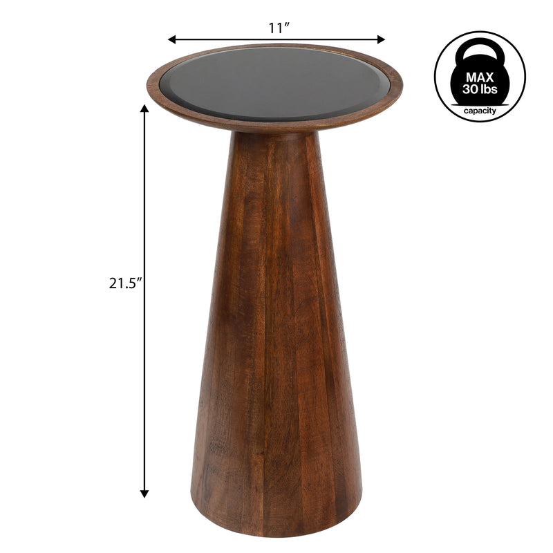 Linden 21.5" Farmhouse Industrial Mango Wood Drink Table and Decorative End Table with Round Black Glass Top and Cone Pedestal Base