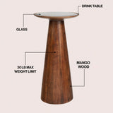 Linden 21.5" Farmhouse Industrial Mango Wood Drink Table and Decorative End Table with Round Black Glass Top and Cone Pedestal Base