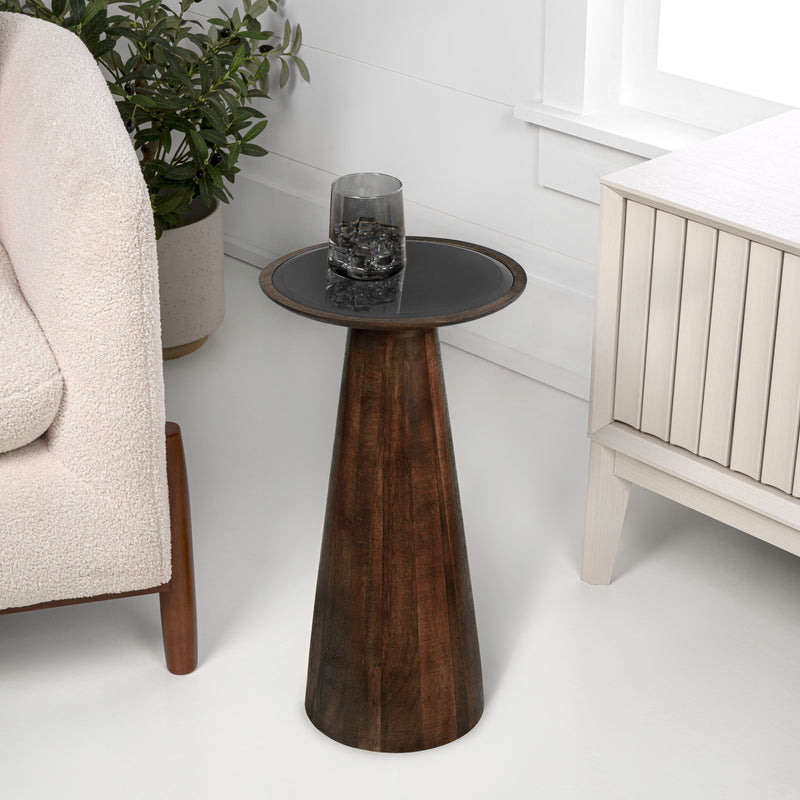 Linden 21.5" Farmhouse Industrial Mango Wood Drink Table and Decorative End Table with Round Black Glass Top and Cone Pedestal Base