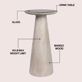 Linden 21.5" Farmhouse Industrial Mango Wood Drink Table and Decorative End Table with Round Black Glass Top and Cone Pedestal Base