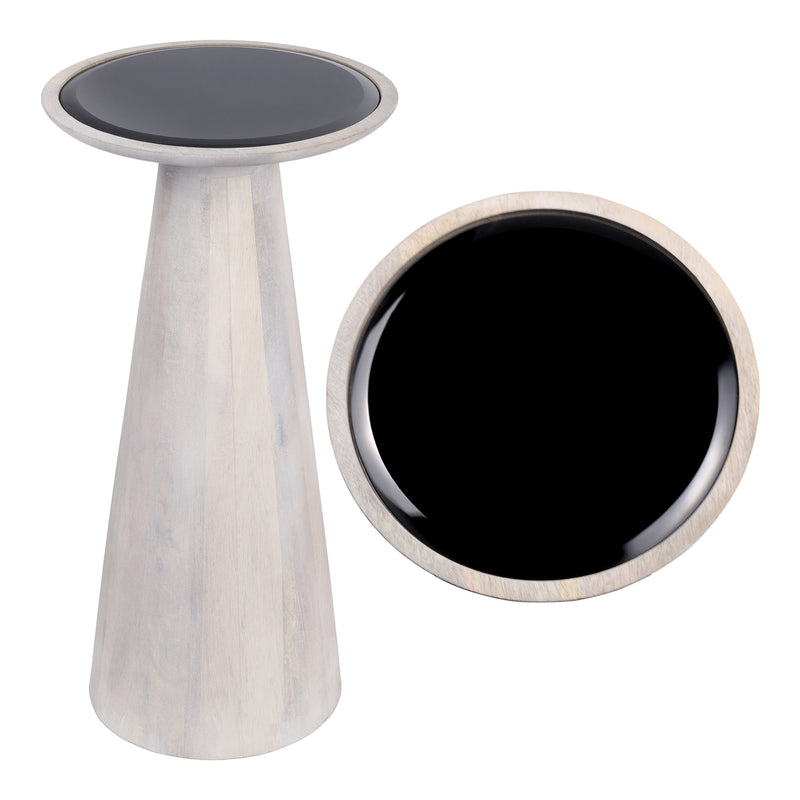Linden 21.5" Farmhouse Industrial Mango Wood Drink Table and Decorative End Table with Round Black Glass Top and Cone Pedestal Base