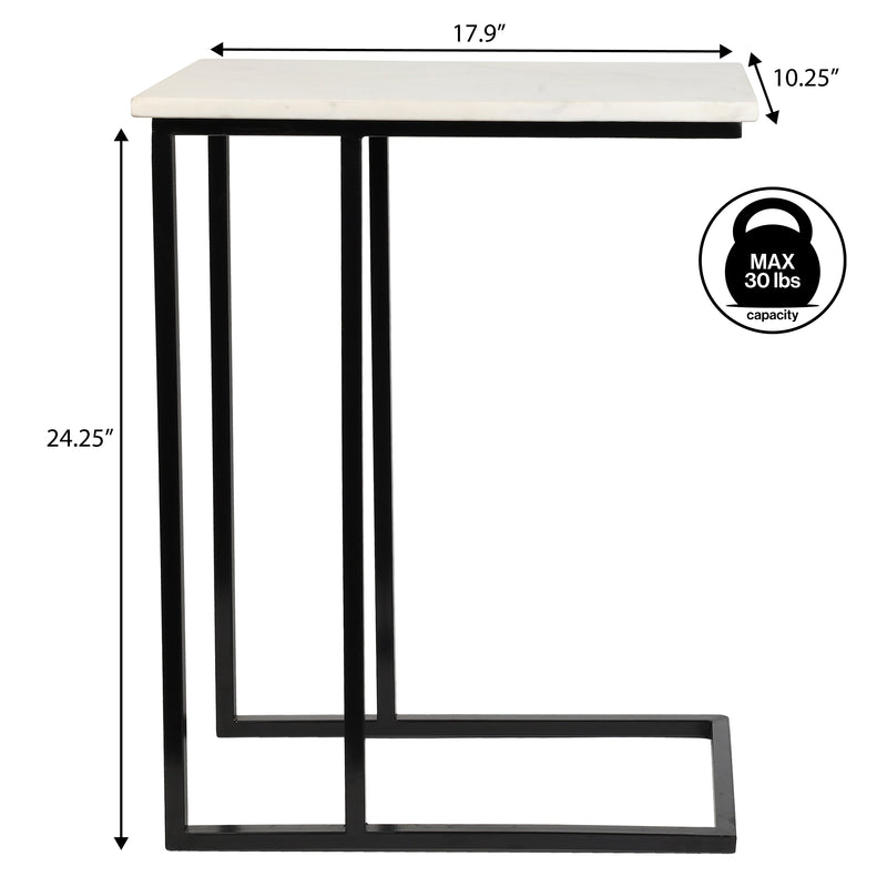 Caius 24.25" Designer Industrial Metal C-Shaped End Table and Side Couch Table with White Marble Top