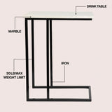 Caius 24.25" Designer Industrial Metal C-Shaped End Table and Side Couch Table with White Marble Top
