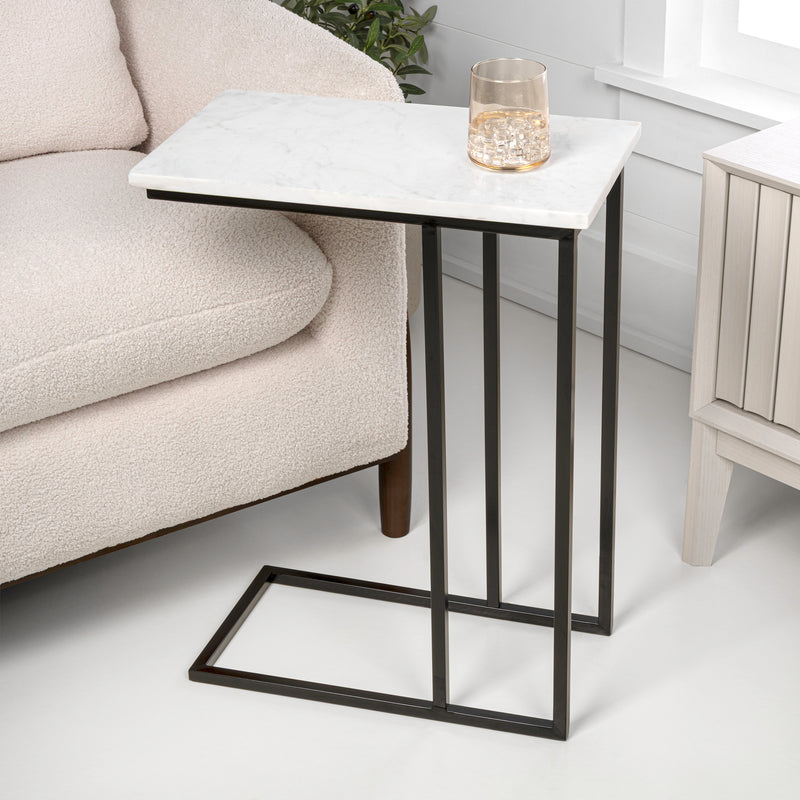 Caius 24.25" Designer Industrial Metal C-Shaped End Table and Side Couch Table with White Marble Top