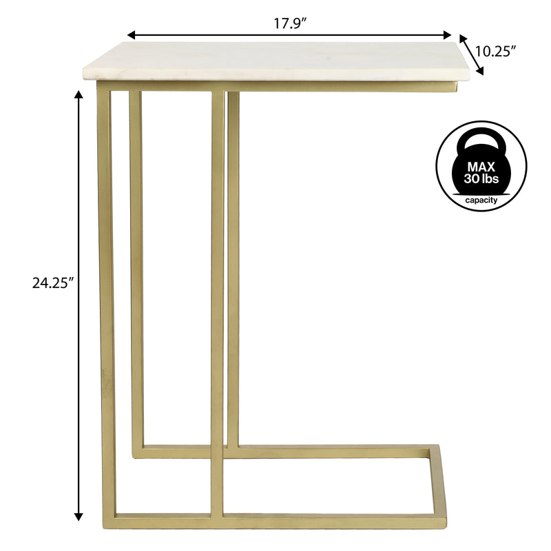 Caius 24.25" Designer Industrial Metal C-Shaped End Table and Side Couch Table with White Marble Top