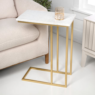 Caius 24.25" Designer Industrial Metal C-Shaped End Table and Side Couch Table with White Marble Top