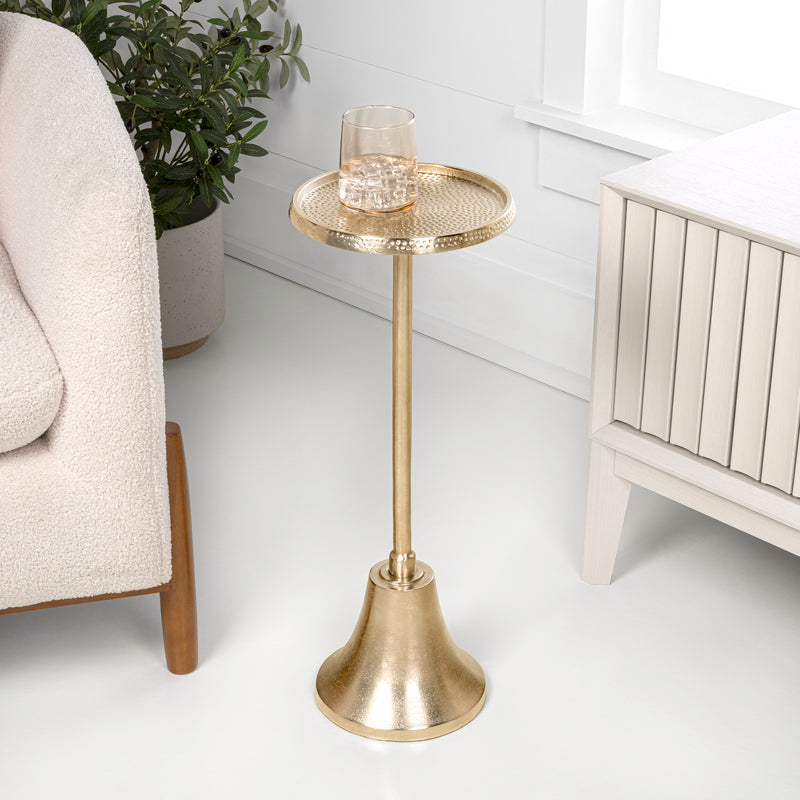 Irida 24" Art Deco Designer Pedestal Drink Table and Decorative End Table with Hammered Round Top and Bell Base