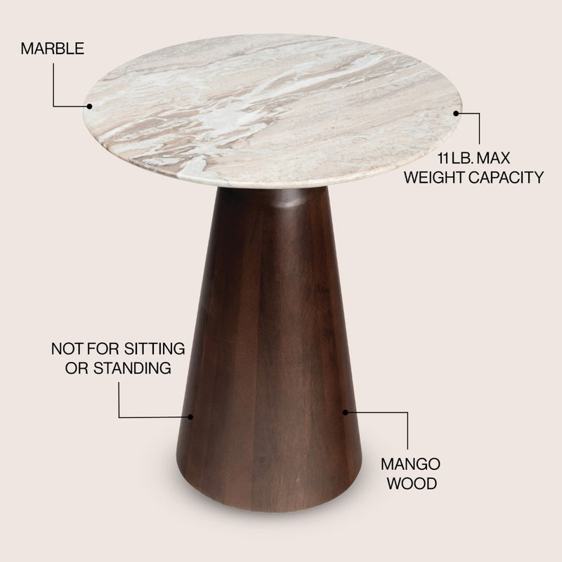 Kaito 18" Rustic Minimalist Round Marble/Wood Accent Table