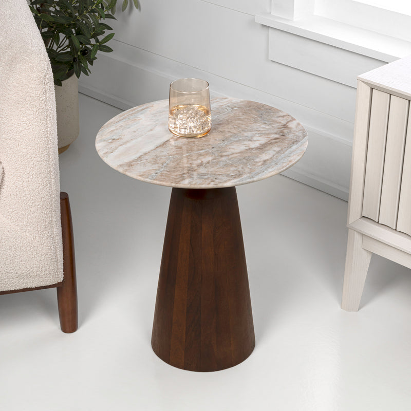 Kaito 18" Rustic Minimalist Round Marble/Wood Accent Table