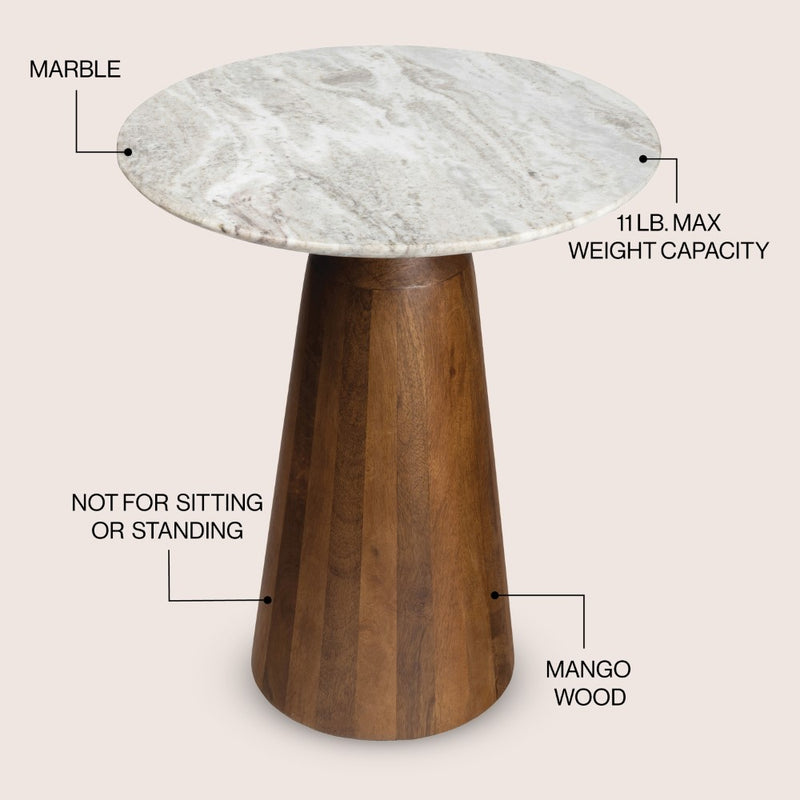 Kaito 18" Rustic Minimalist Round Marble/Wood Accent Table