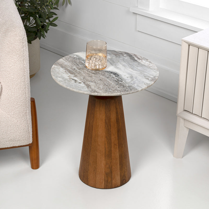 Kaito 18" Rustic Minimalist Round Marble/Wood Accent Table