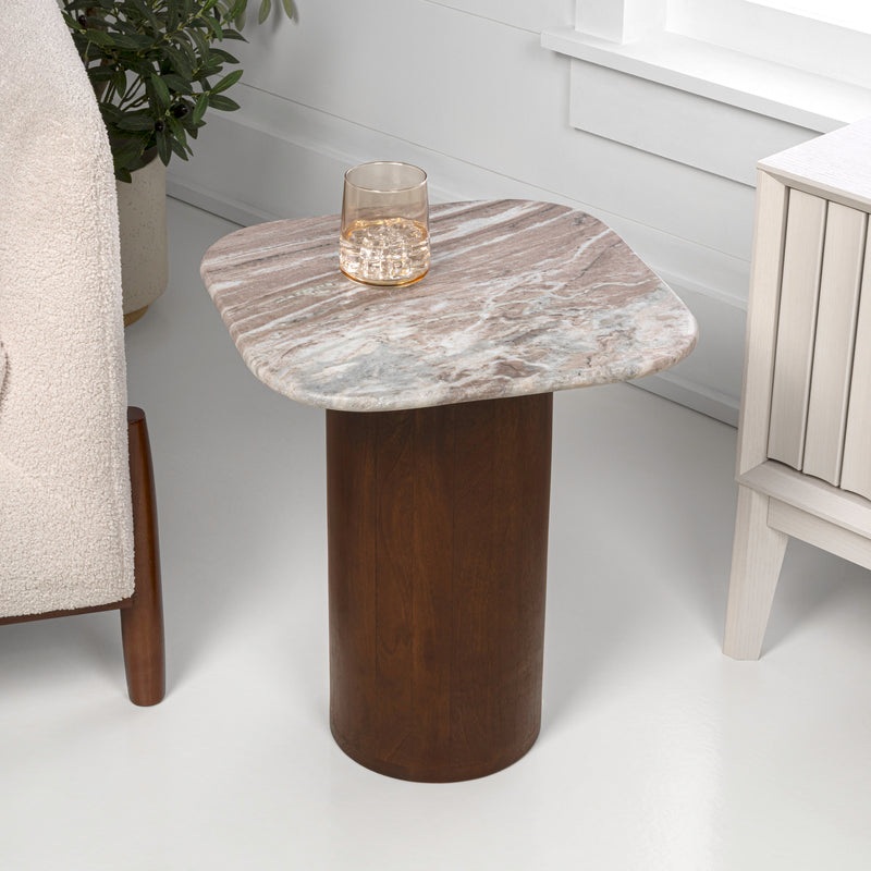 Milos 18" Rustic Minimalist Square Marble/Wood Accent Table