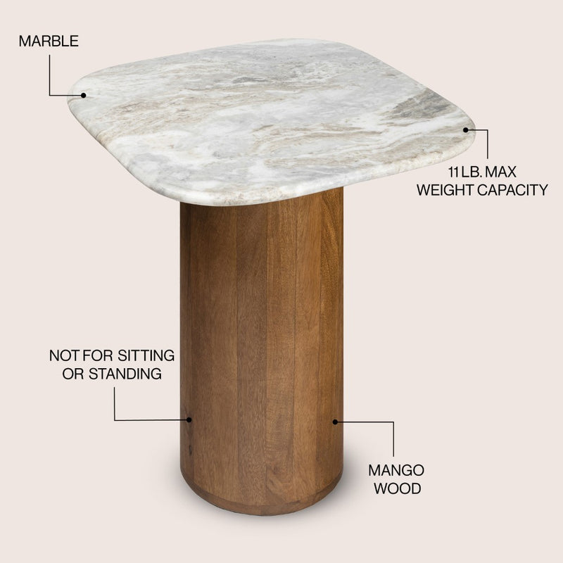 Milos 18" Rustic Minimalist Square Marble/Wood Accent Table