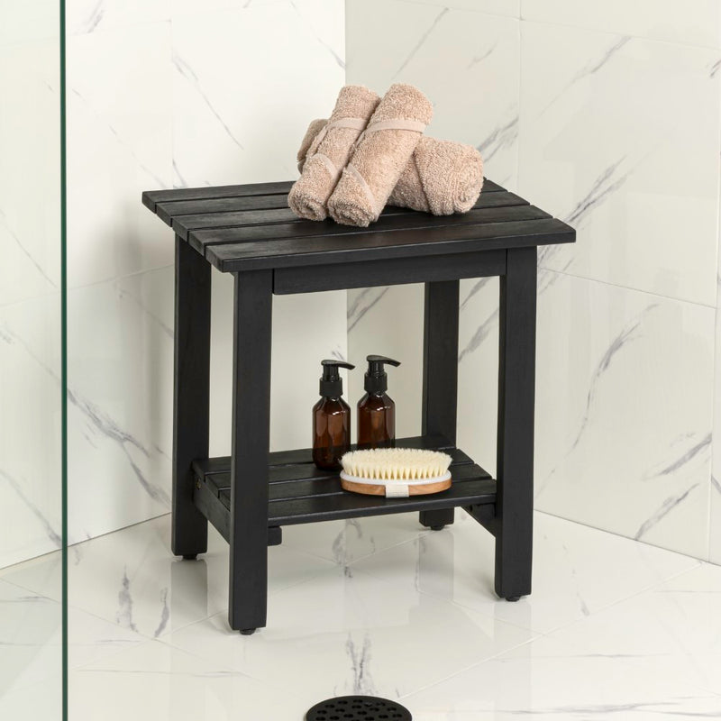 Kellie 16.1" Cottage Classic Slatted Solid Acacia Wood Indoor/Outdoor Shower Bench with Shelf