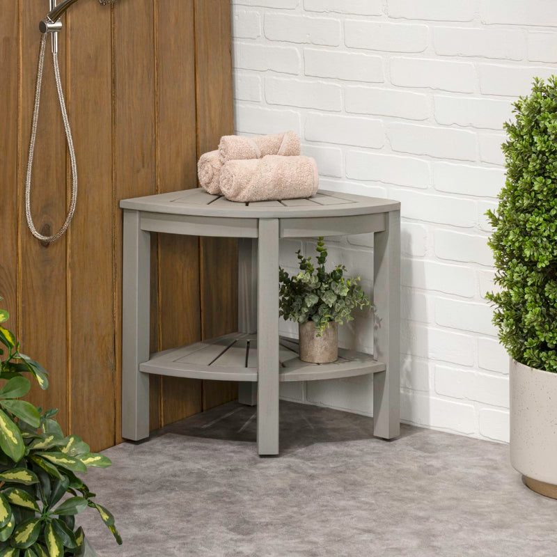 Maris 18" Classic Coastal Solid Acacia Wood Indoor/Outdoor Corner Shower Bench with Shelf