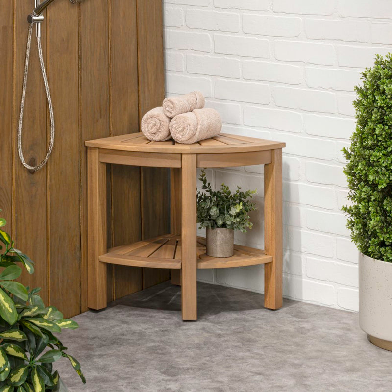 Maris 18" Classic Coastal Solid Acacia Wood Indoor/Outdoor Corner Shower Bench with Shelf