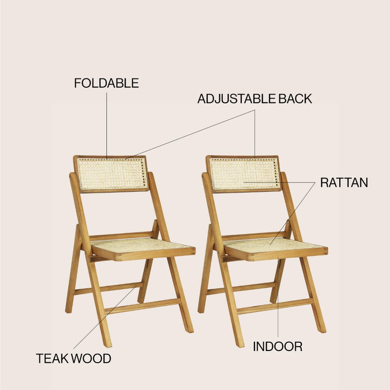 Theo Mid-Century Vintage Wood Rattan Folding Chair with Adjustable Back Set 2