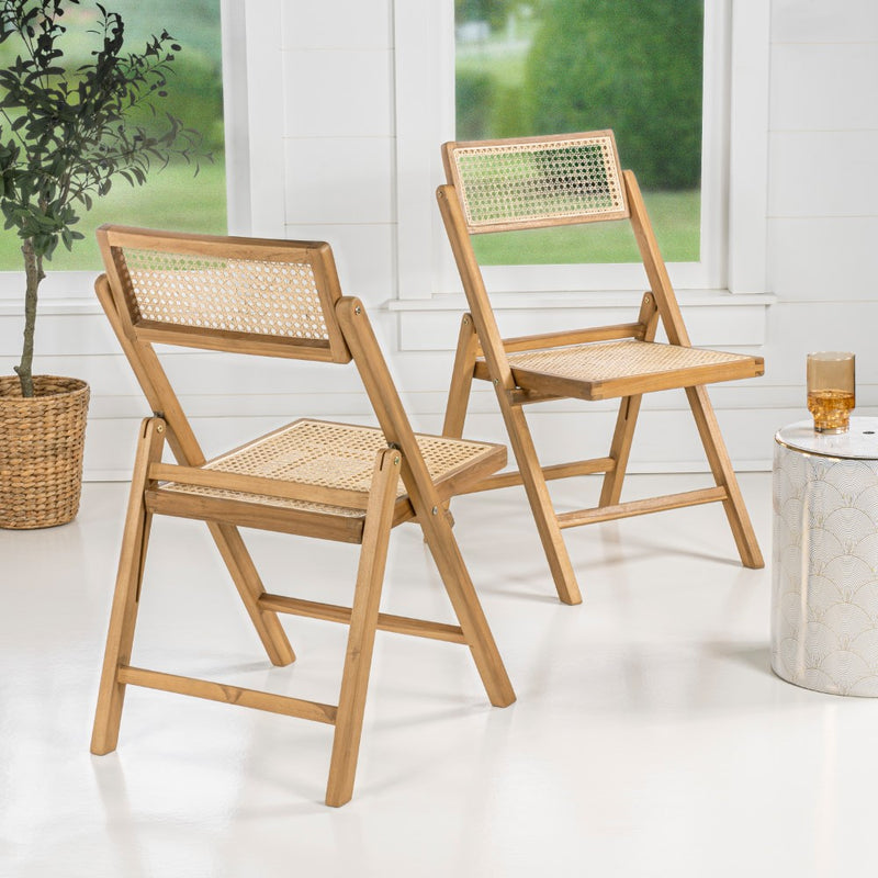 Theo Mid-Century Vintage Wood Rattan Folding Chair with Adjustable Back Set 2