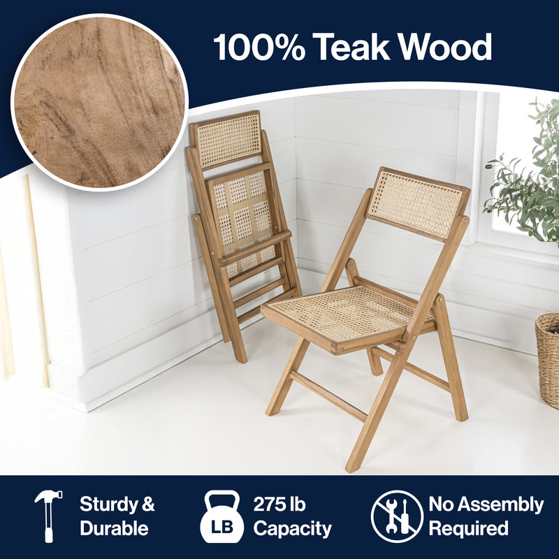 Theo Mid-Century Vintage Wood Rattan Folding Chair with Adjustable Back Set 2