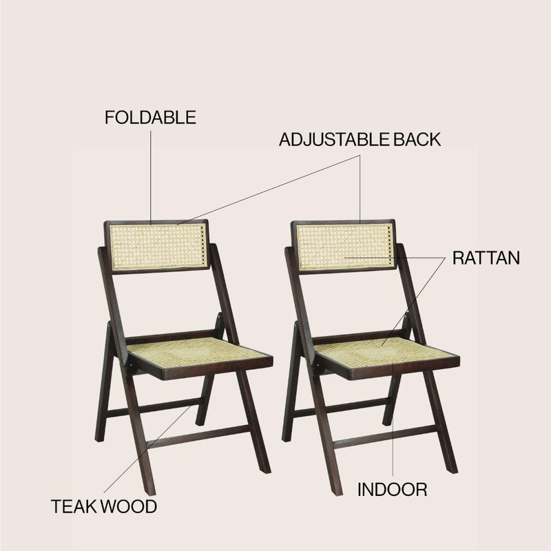 Theo Mid-Century Vintage Wood Rattan Folding Chair with Adjustable Back Set 2