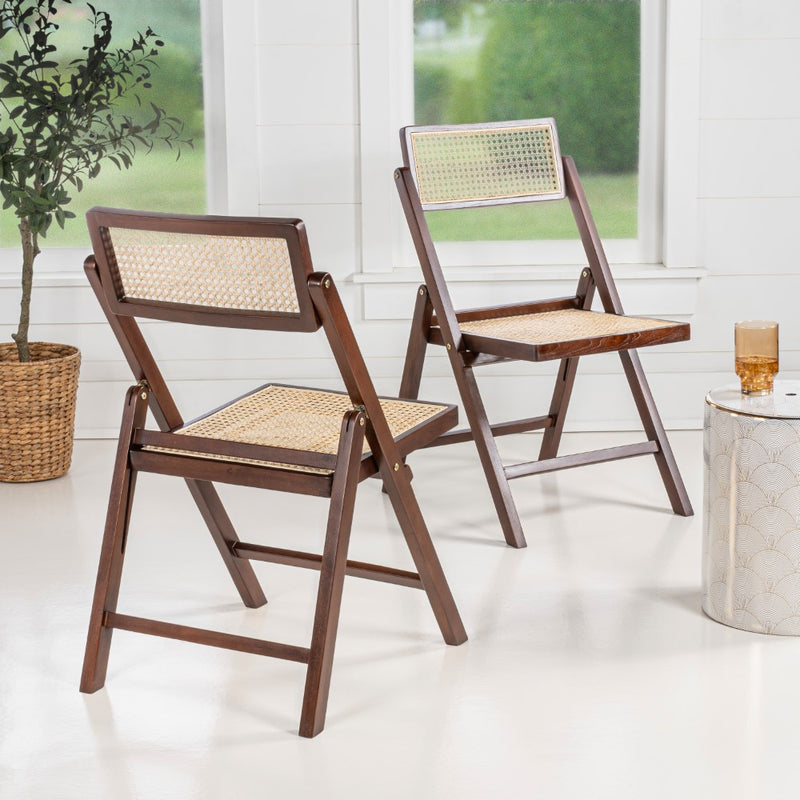 Theo Mid-Century Vintage Wood Rattan Folding Chair with Adjustable Back Set 2