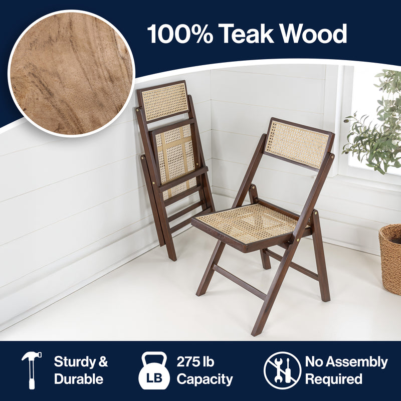 Theo Mid-Century Vintage Wood Rattan Folding Chair with Adjustable Back Set 2