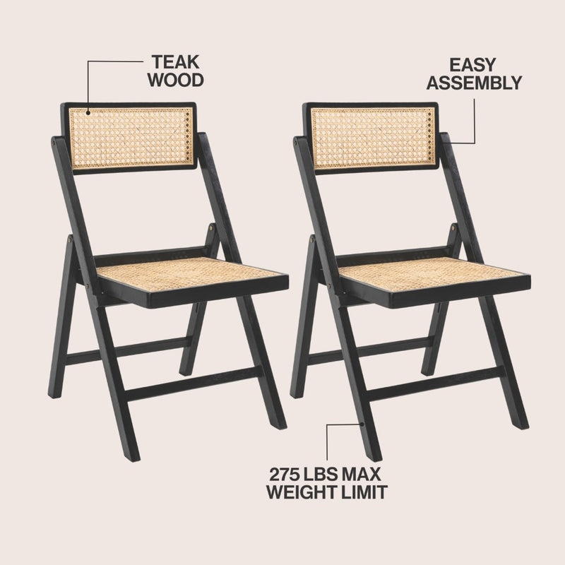 Theo Mid-Century Vintage Wood Rattan Folding Chair with Adjustable Back Set 2