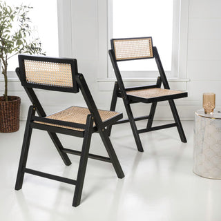Theo Mid-Century Vintage Wood Rattan Folding Chair with Adjustable Back Set 2